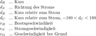 \[\begin{array}{ll} d_B & \mbox{... Kurs} \\ d_S & \mbox{... Richtung des Stroms} \\ d_R & \mbox{... Kurs relativ zum Strom} \\ d_C & \mbox{... Kurs relativ zum Strom, $-180 < d_C < 180$} \\ v_B & \mbox{... Bootsgeschwindikeit} \\ v_S & \mbox{... Stromgeschwindigkeit} \\ v_G & \mbox{... Geschwindigkeit über Grund} \\ \end{array}\]